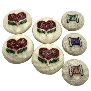 Vintage Lot of 7 Cross Stitch Heart & Thread Spool Button Covers‎ 80s 90s Style